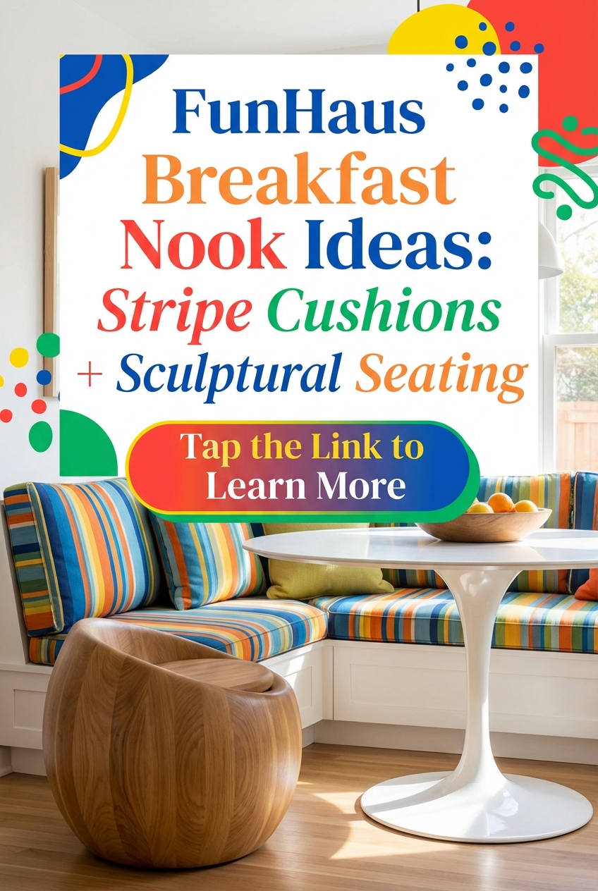 Striped bench cushions and a sculptural chair around a breakfast nook table