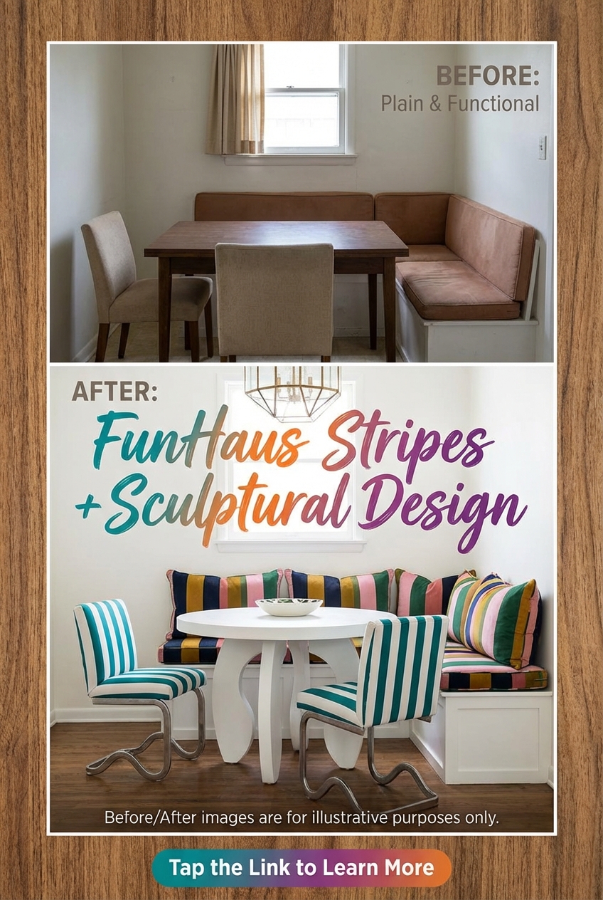 Modern breakfast nook with stripe upholstery and curved, sculptural chairs