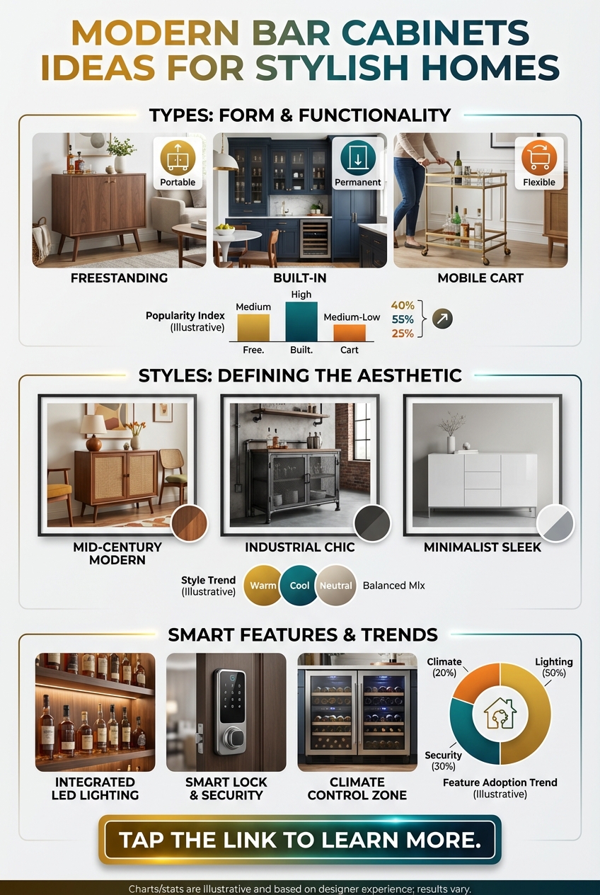 Freestanding bar cabinet with wood finish and hardware in a modern home