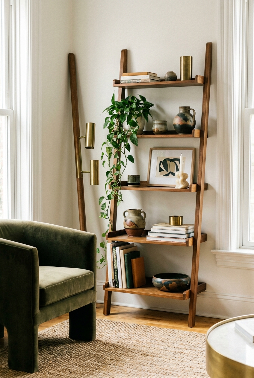 Chic Living Room Ladder Shelf Decor Ideas