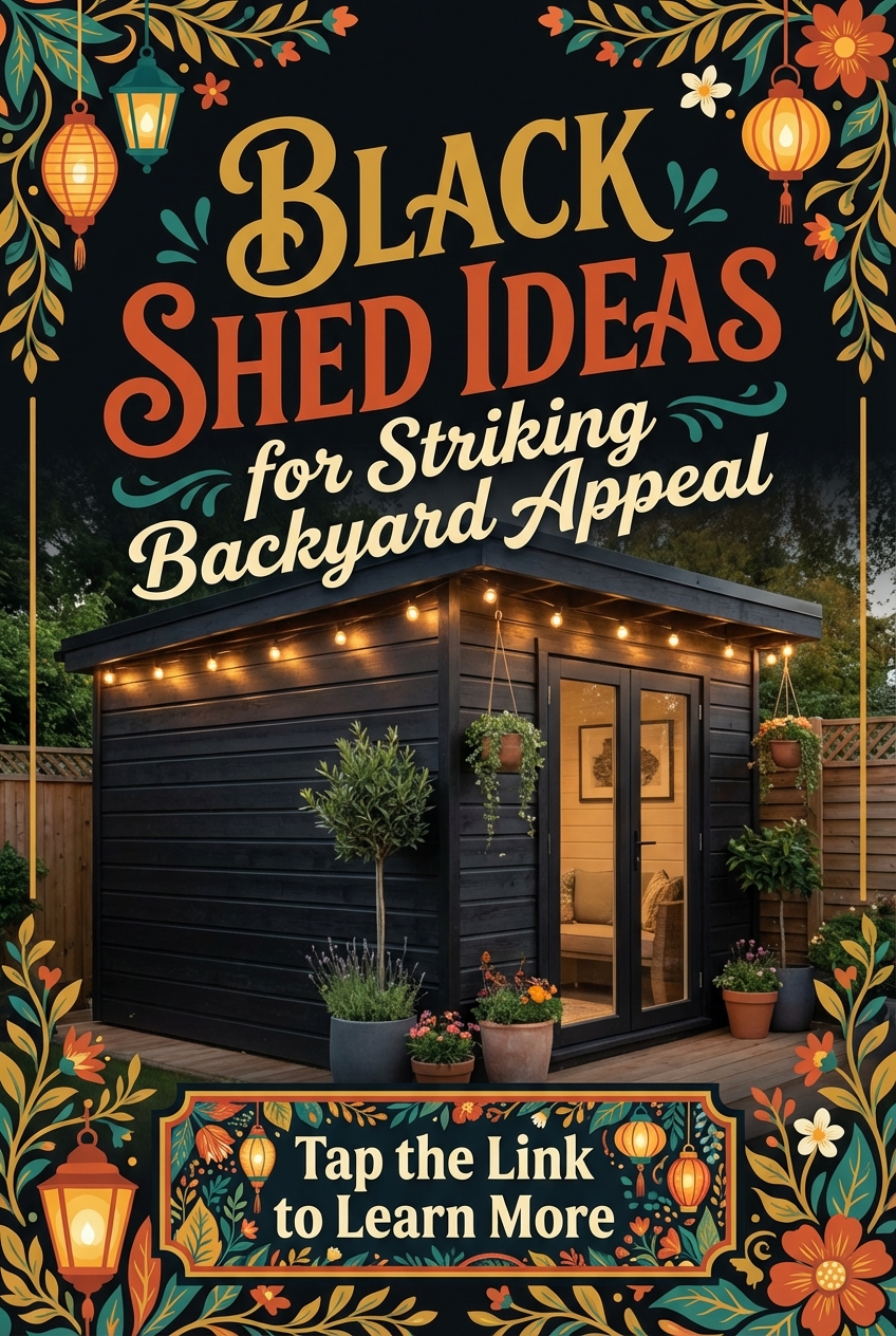 Dark shed exterior with vertical siding and glass door in a backyard