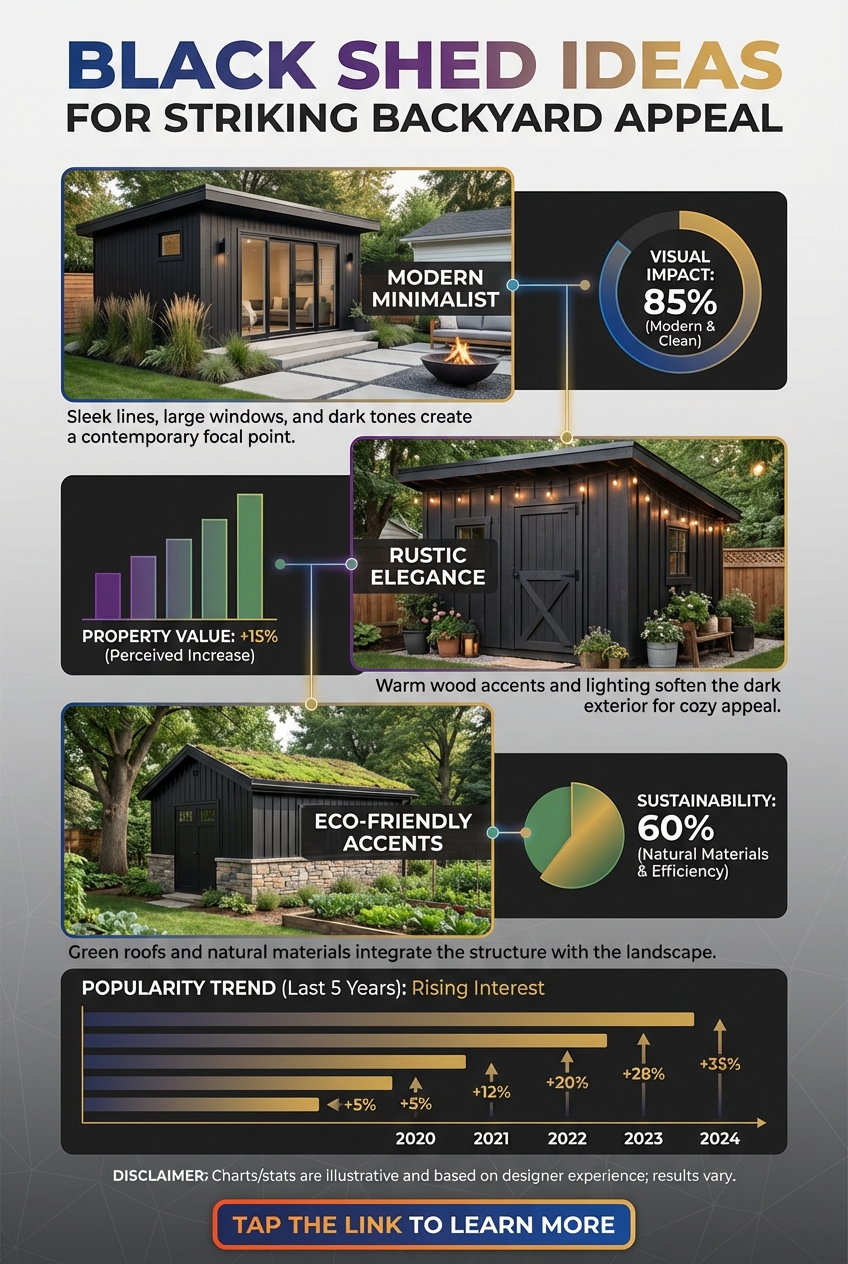 Black-painted garden shed with matte finish and warm wood accent near the entrance
