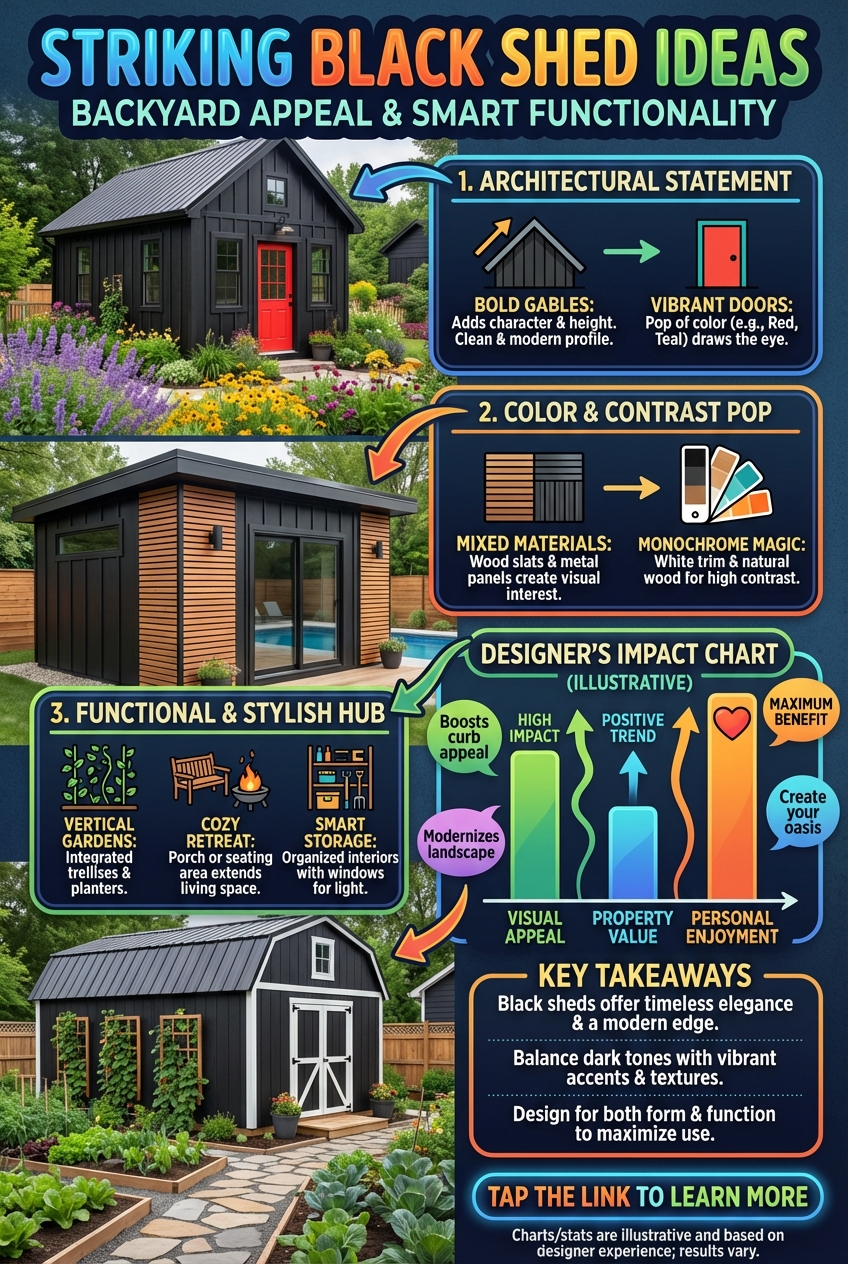 Black shed in the evening with exterior lighting beside the door