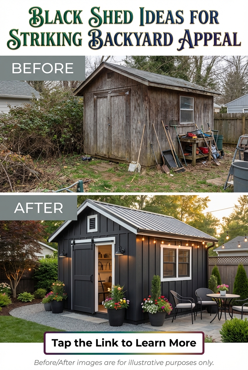 Backyard black shed surrounded by plants and a simple path to the entrance