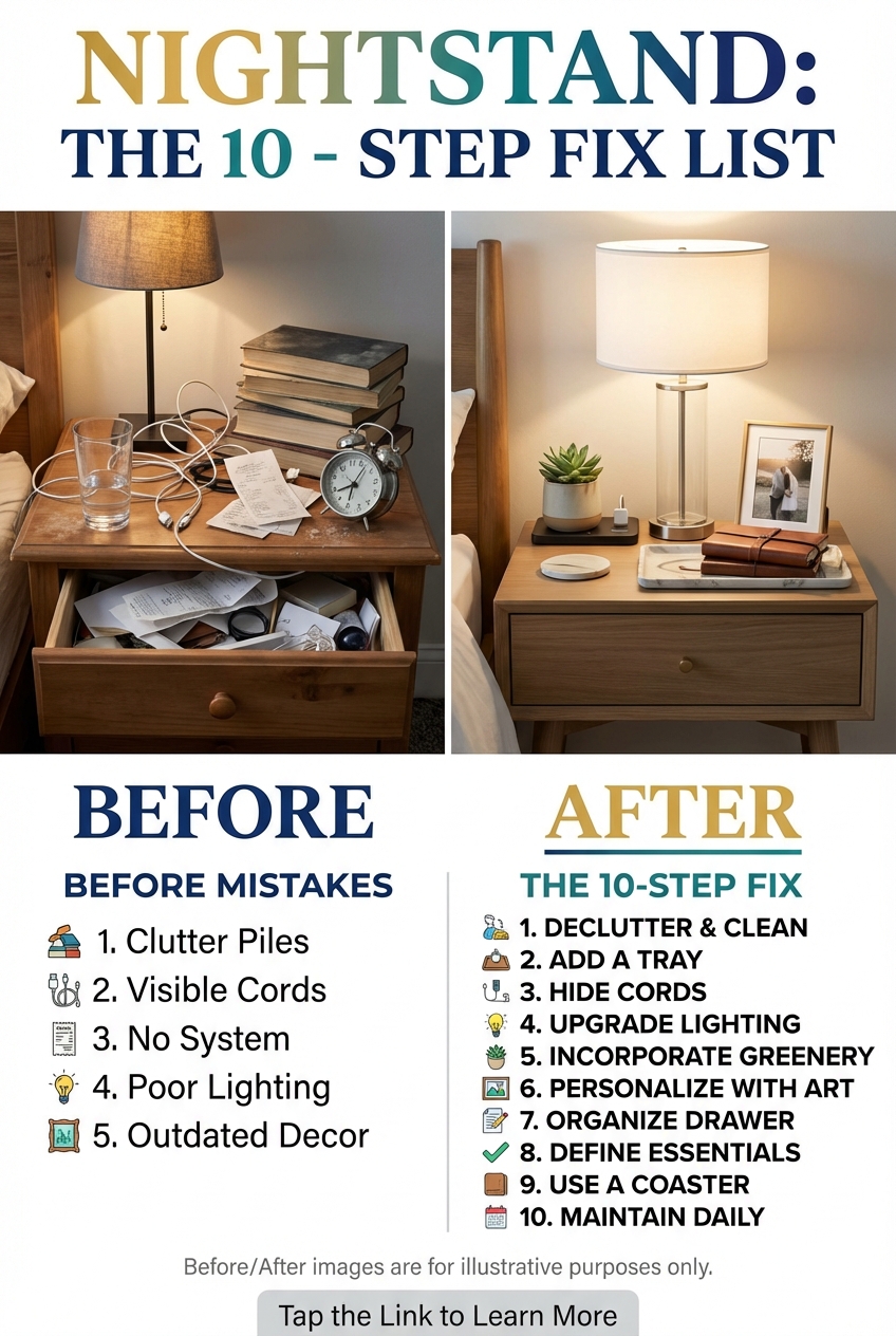 Bedside table decor in a bedroom, with a neat grouping of items on the nightstand