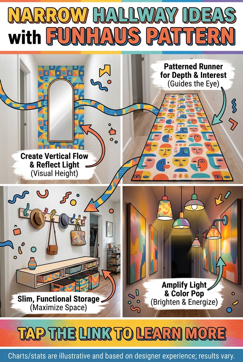 Narrow hallway with wall art and a mirror on the side wall