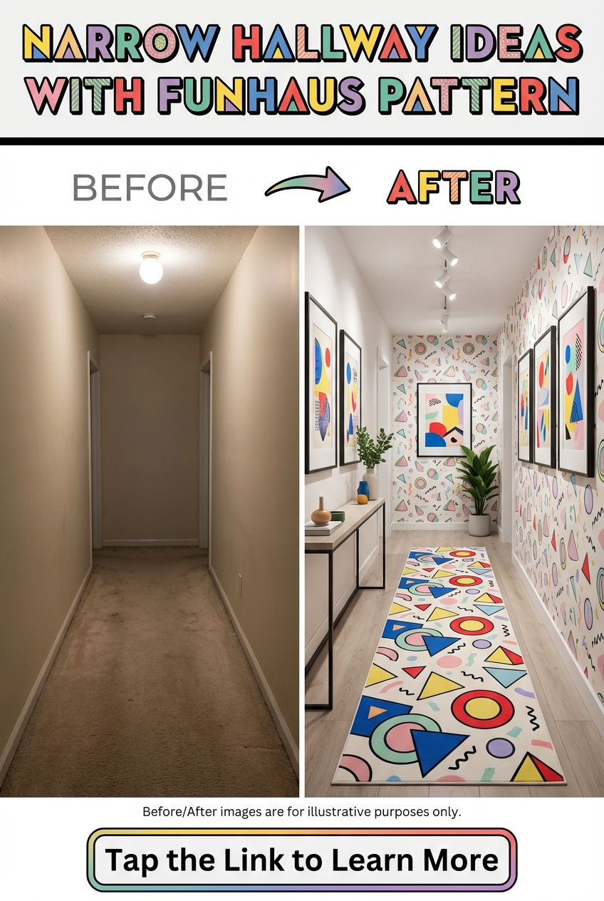 Small hallway styled with geometric pattern, lighting and playful decor details
