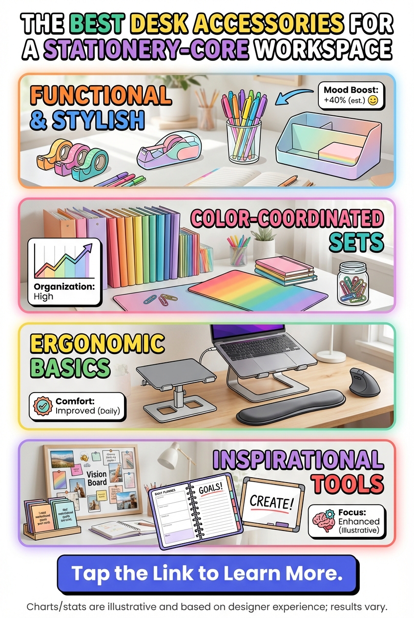 Stationery desk styled with pens, paper and small personal decor items
