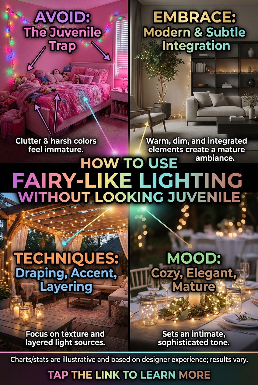 Bedroom styled with warm string lights and cozy bedding