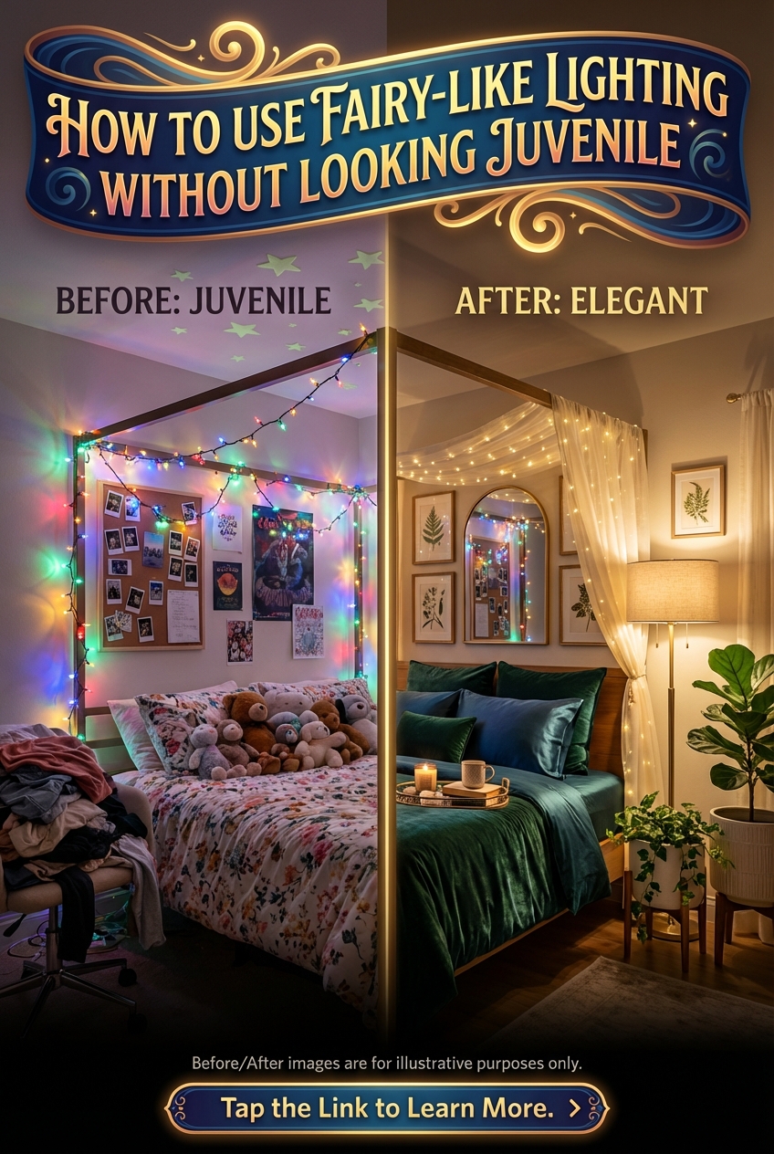 Warm fairy light glow layered into a calm bedroom scheme