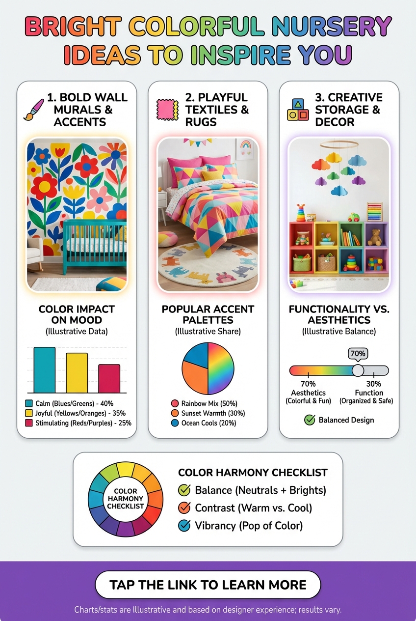 Nursery furniture and storage styled with bold color accents for a baby's room