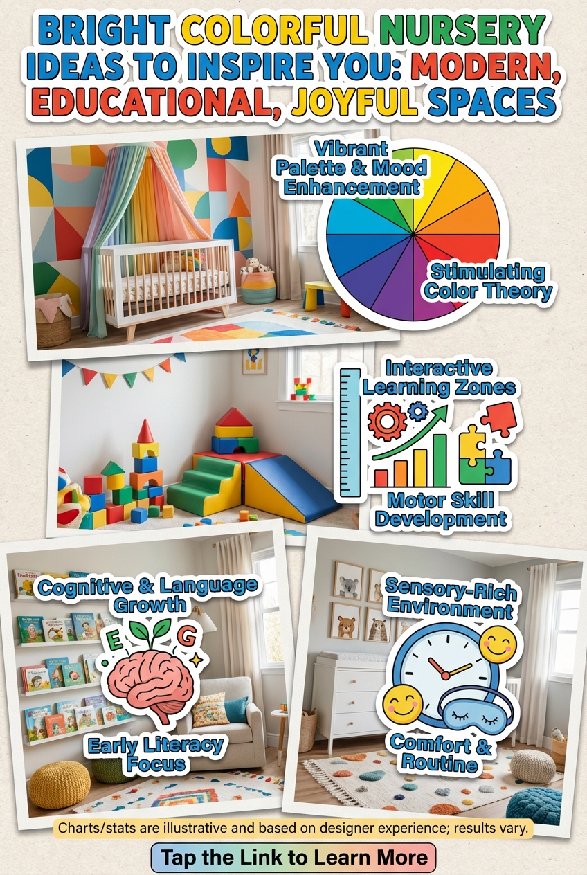 Nursery with soft textiles, rug and window treatments in a lively color scheme