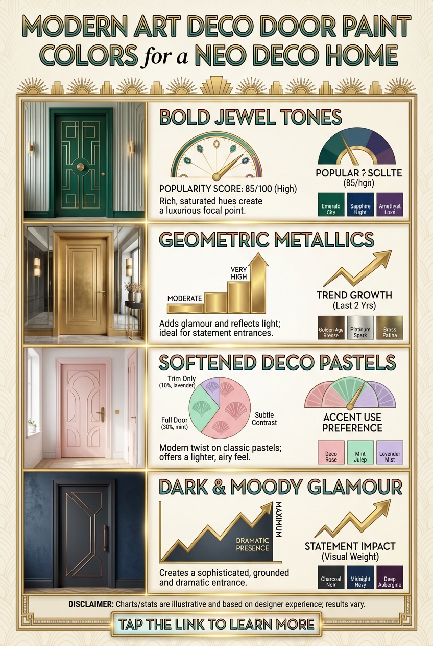 Art Deco inspired door detail with hardware against a painted door surface