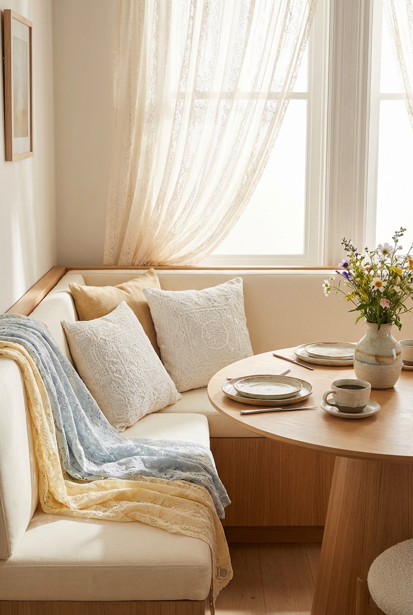 Laced Up Breakfast Nook Ideas: Lace Cushion Details and Soft Draping