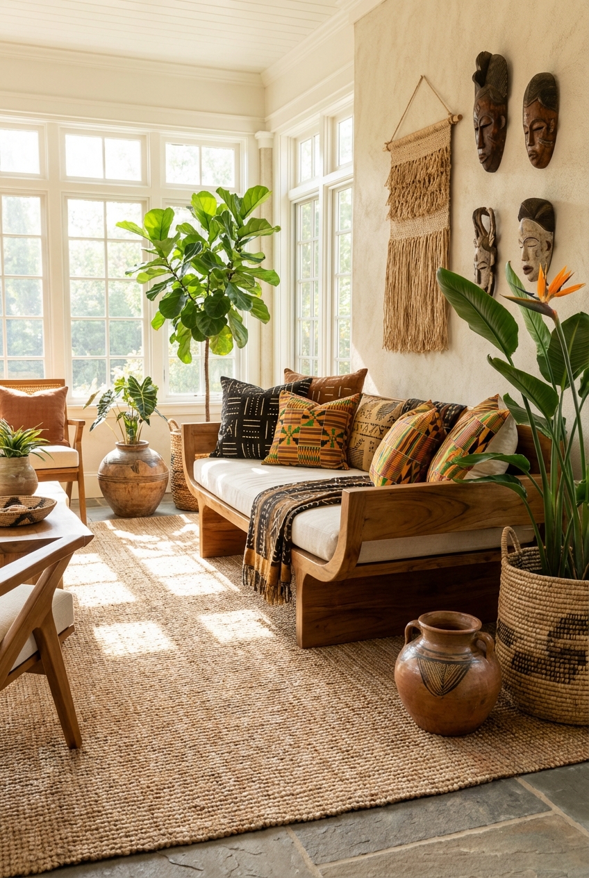 Afro-Chic Sunroom Styling: Natural Fibers, Artisan Texture, and Warm Woods