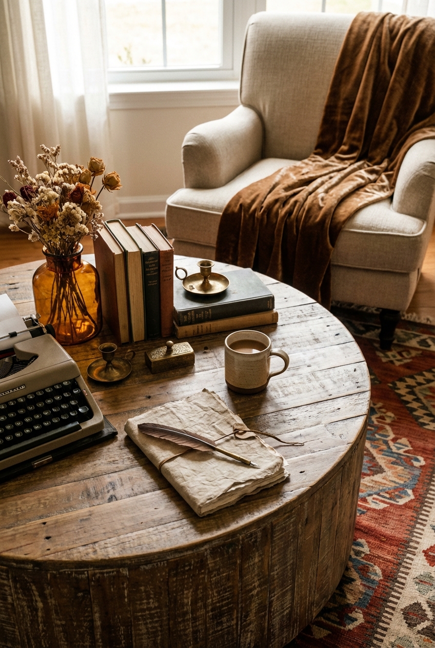 Poetcore Coffee Table Ideas: Wood, Round Shapes, and Vintage Charm