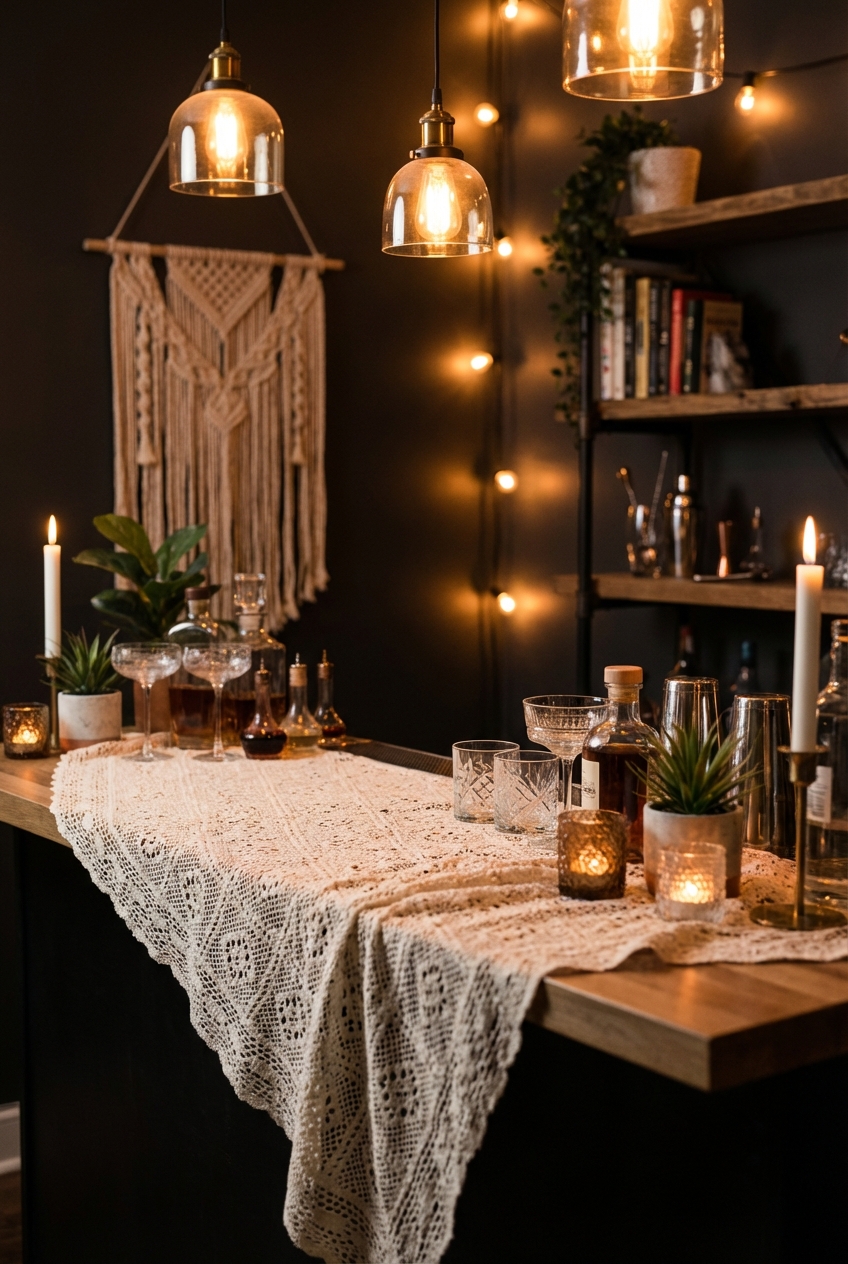 Laced Up Decor for a Home Bar: Lace Runners and Warm Lighting