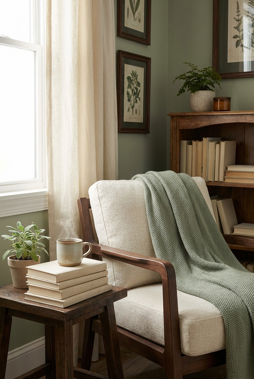 Sage + Cream + Dark Wood: Calm Poetcore Color Scheme