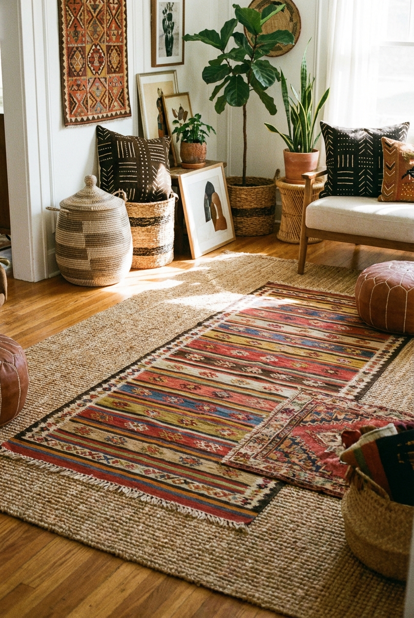 Best Rugs & Runners for an Afrohemian Living Room: Jute, Kilim, and Layering