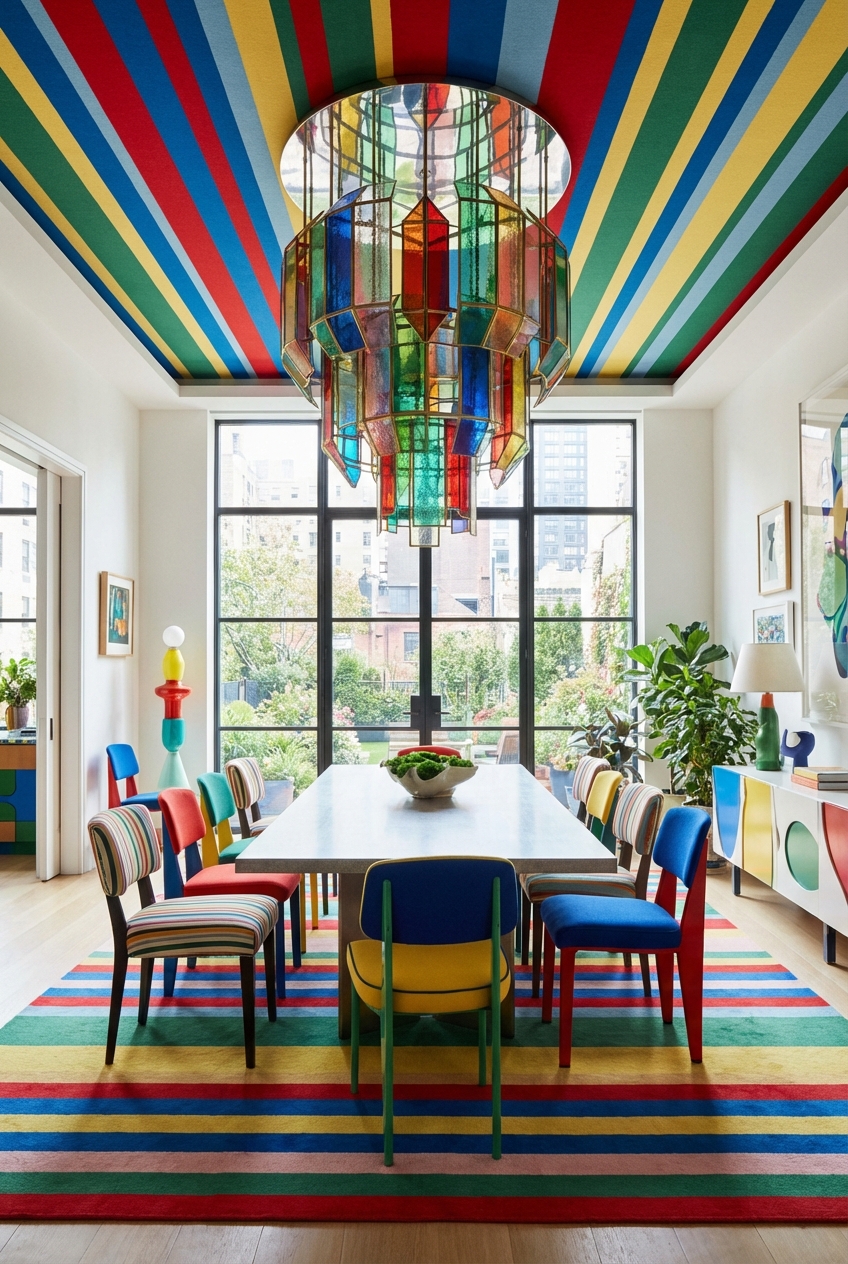 FunHaus Dining Room Ideas: Statement Lighting + Stripe Energy