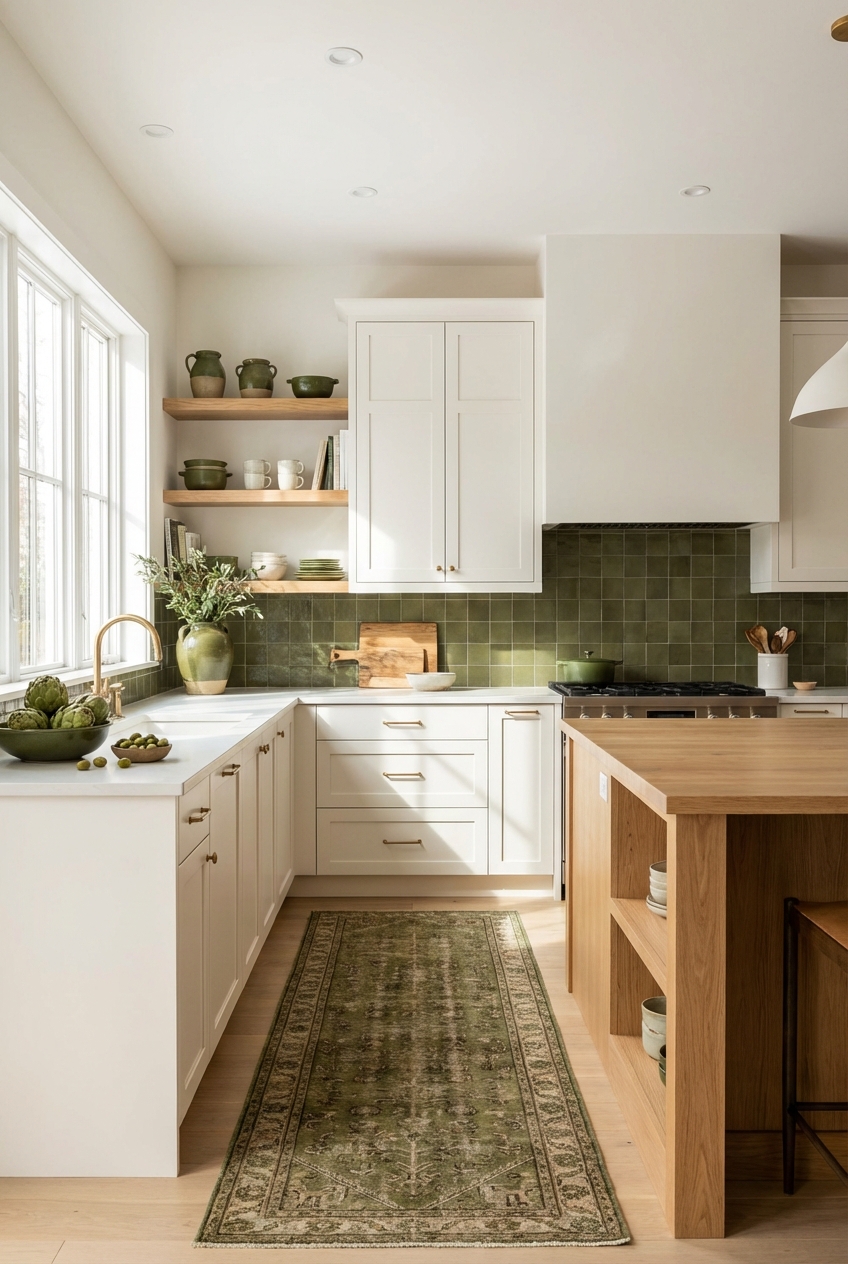 Darecations Kitchen Color Palette: warm white + olive + wood