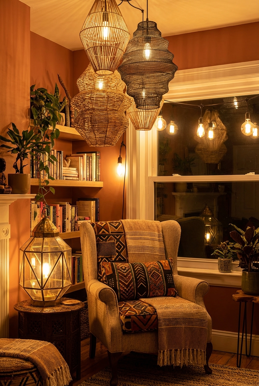 Afrohemian Reading Nook Lighting: Lanterns, Warm Bulbs, and Sculptural Shades