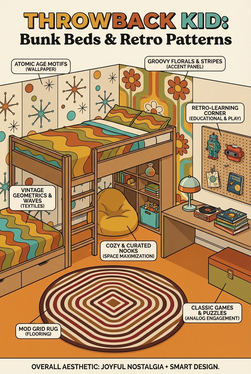 Throwback Kid Kids Bedroom Ideas with Bunk Beds and Retro Patterns - photo 4
