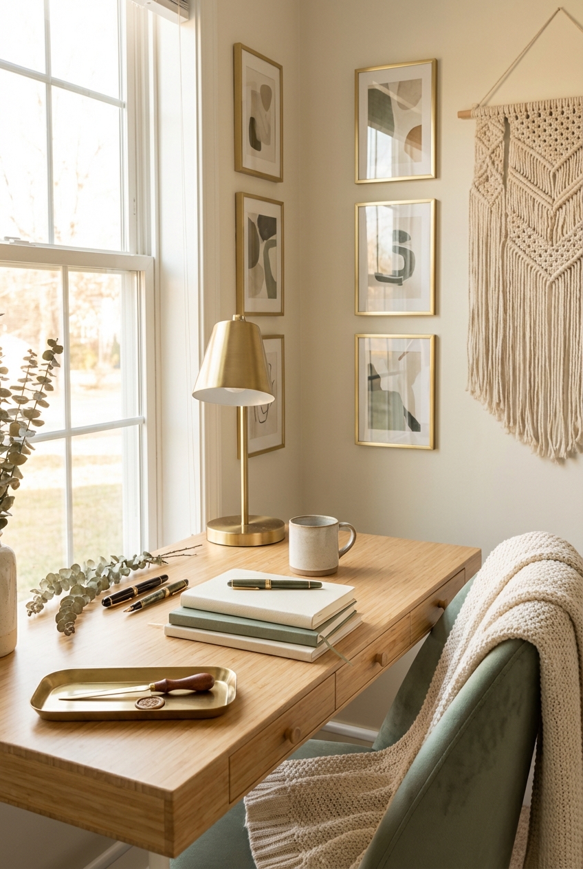 Cream + Sage + Brass: Calm and Cozy Pen Pals Desk Styling