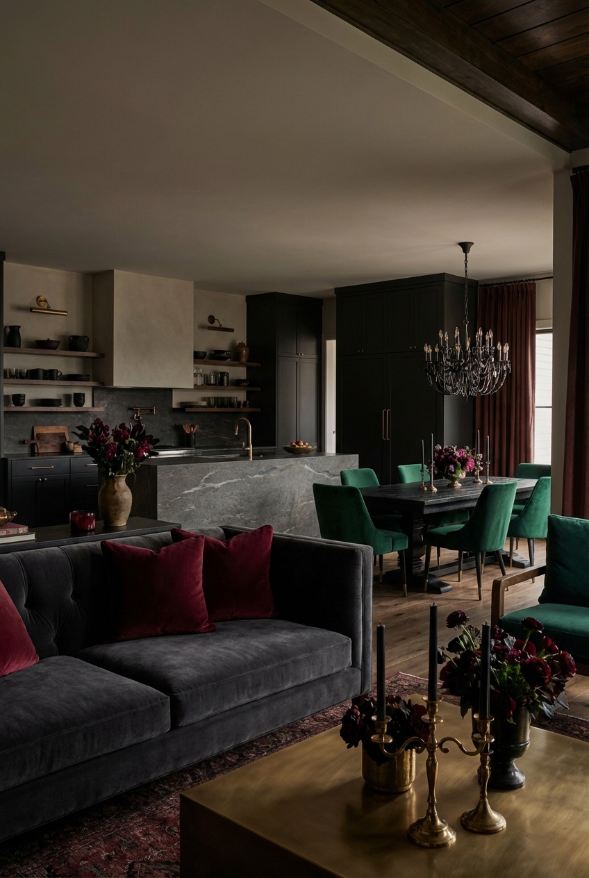 Vamp Romantic Decor for Open Concept Homes: One Cohesive Dark Glam Story