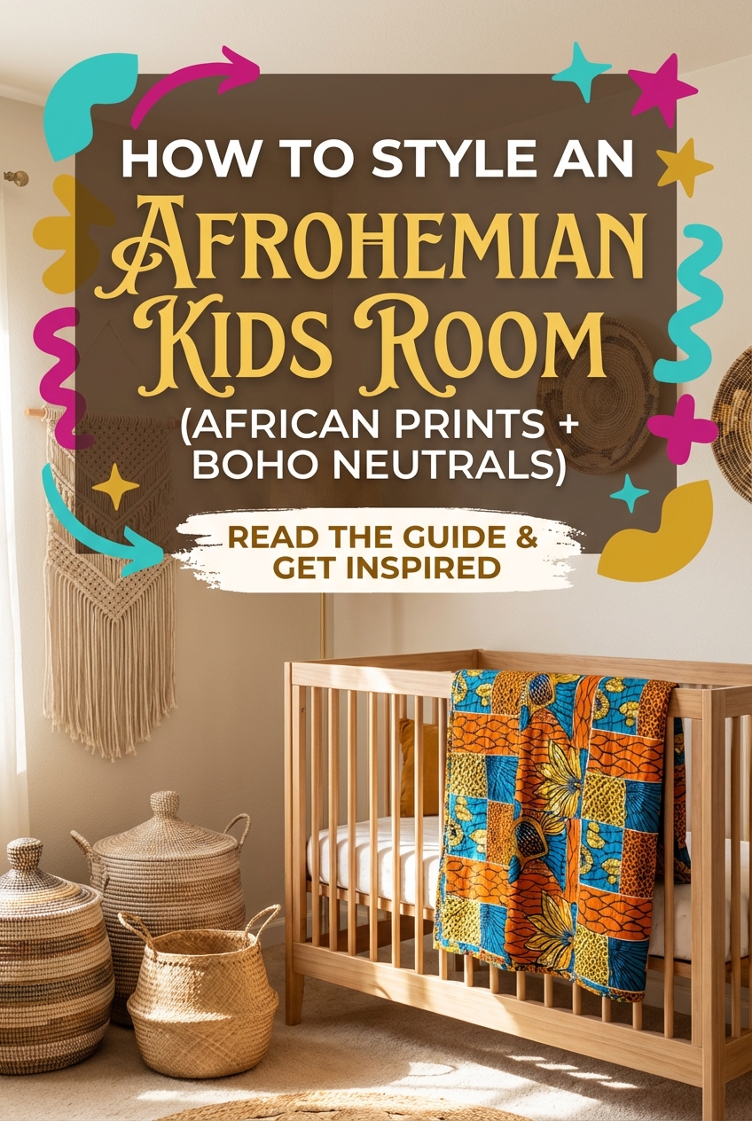 Kids bedroom layout with a rug, bed and natural textures in an Afrohemian style