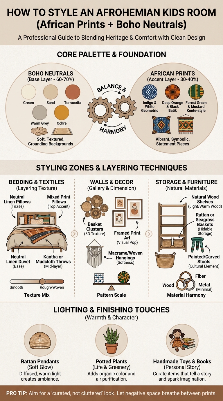 Child's room styled with mudcloth-inspired textiles and woven natural materials