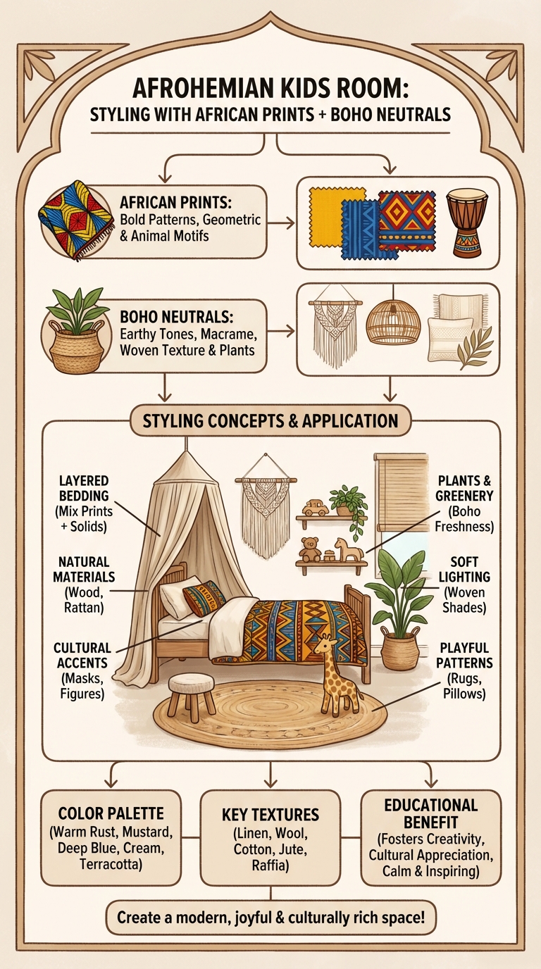 Kids room decor details with woven baskets and African-inspired patterns