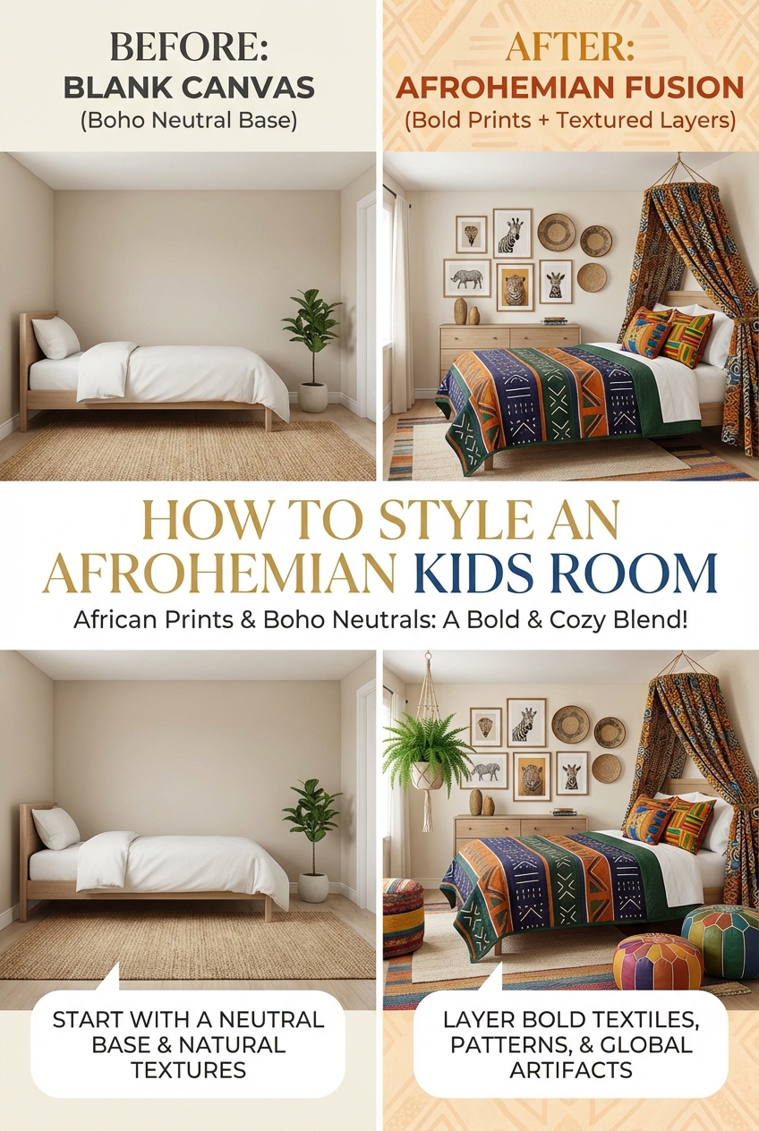 Afrohemian children's room with layered neutral textiles and graphic prints