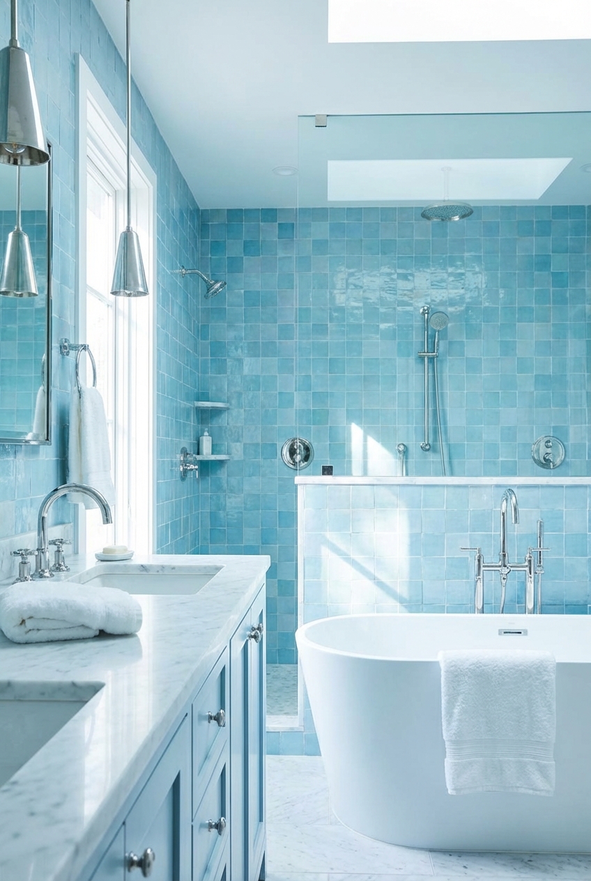 Cool Blue Bathroom Color Palette: Ice Blue + White + Silver Accents