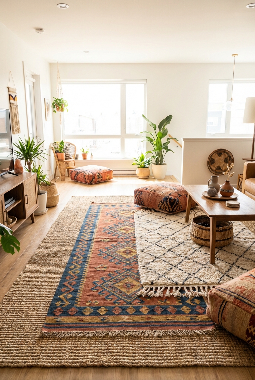Best Rugs & Runners for an Afrohemian Open-Concept Space: Jute, Kilim, and Layering