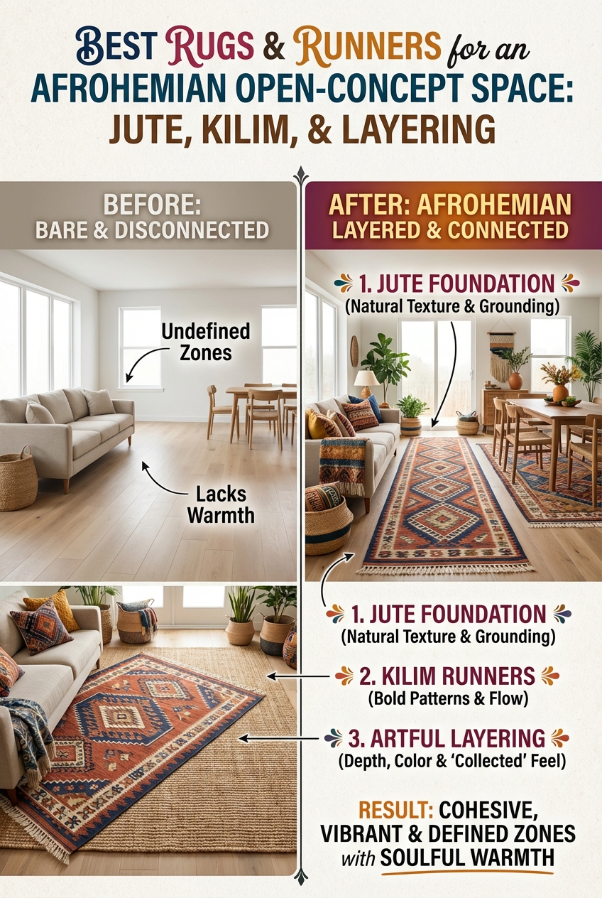 Best Rugs & Runners for an Afrohemian Open-Concept Space: Jute, Kilim, and Layering - photo 5