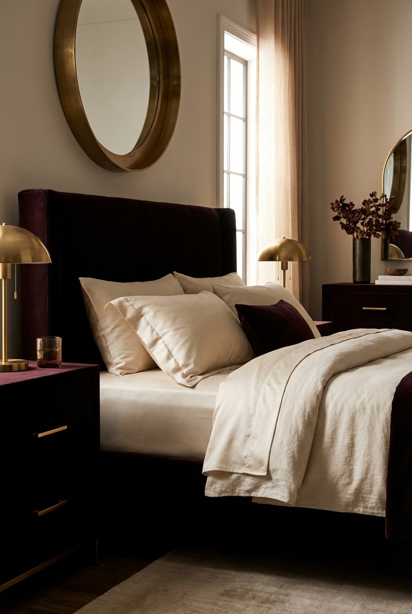 Vamp Romantic Bedroom Color Palette: Black Cherry + Cream + Brass