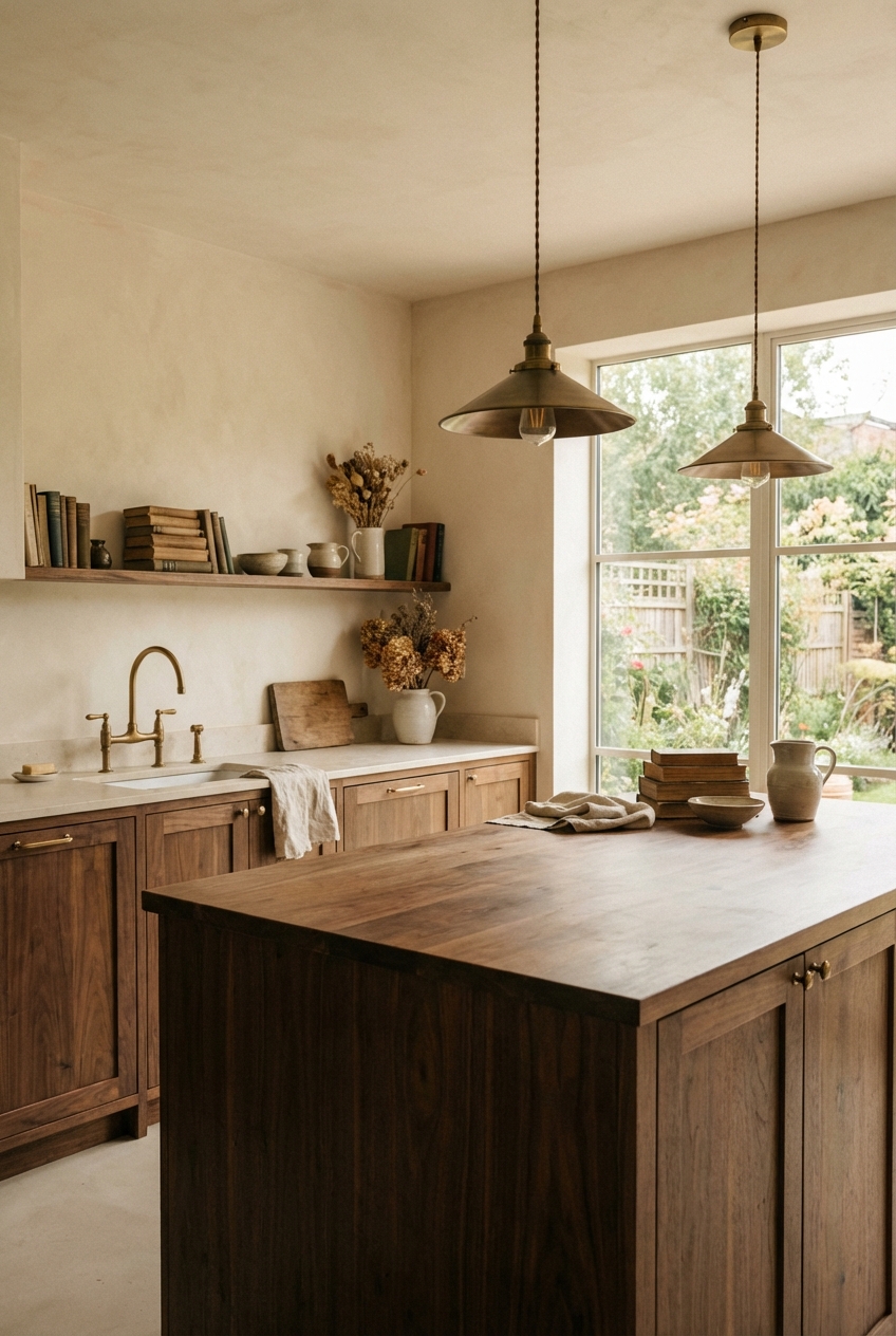 Poetcore Kitchen Color Palette: Cream, Walnut, and Soft Brass