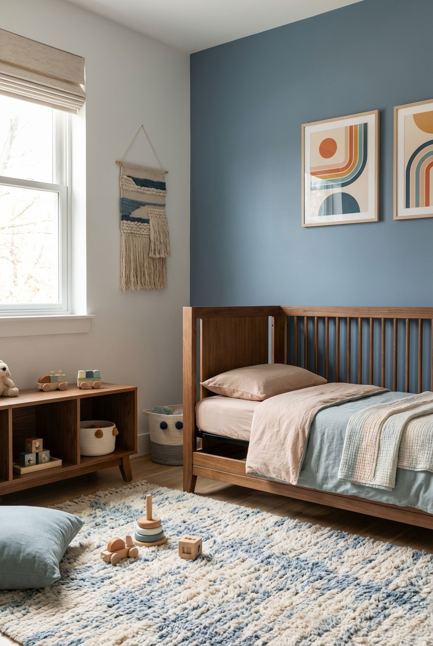 Dusty Blue + Warm Wood: Calm Retro Kids Room Scheme