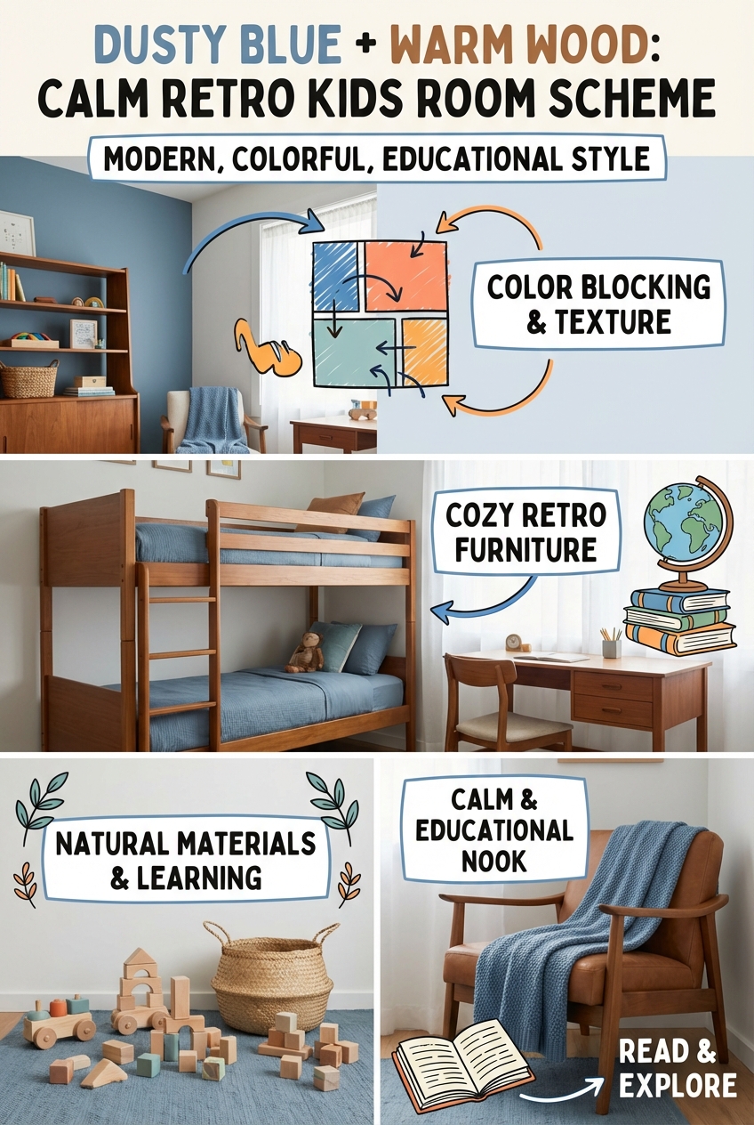 Dusty Blue + Warm Wood: Calm Retro Kids Room Scheme - photo 4