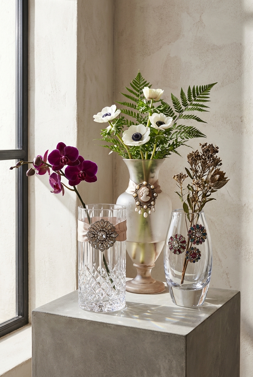 Brooched Vase Ideas: Cut Glass, Vintage Shapes, Modern Placement