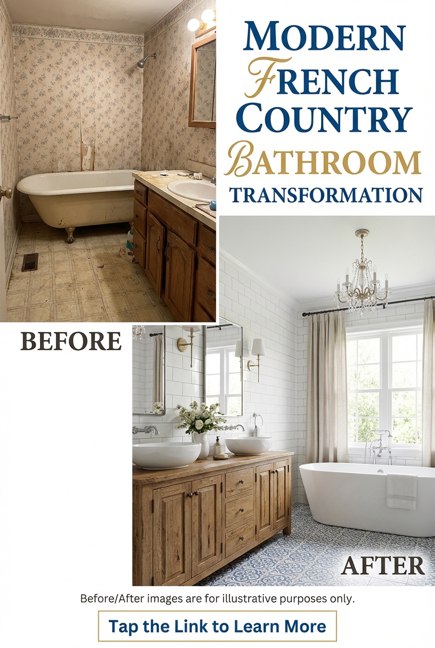 Finished French country bathroom styled with towels, greenery and framed art