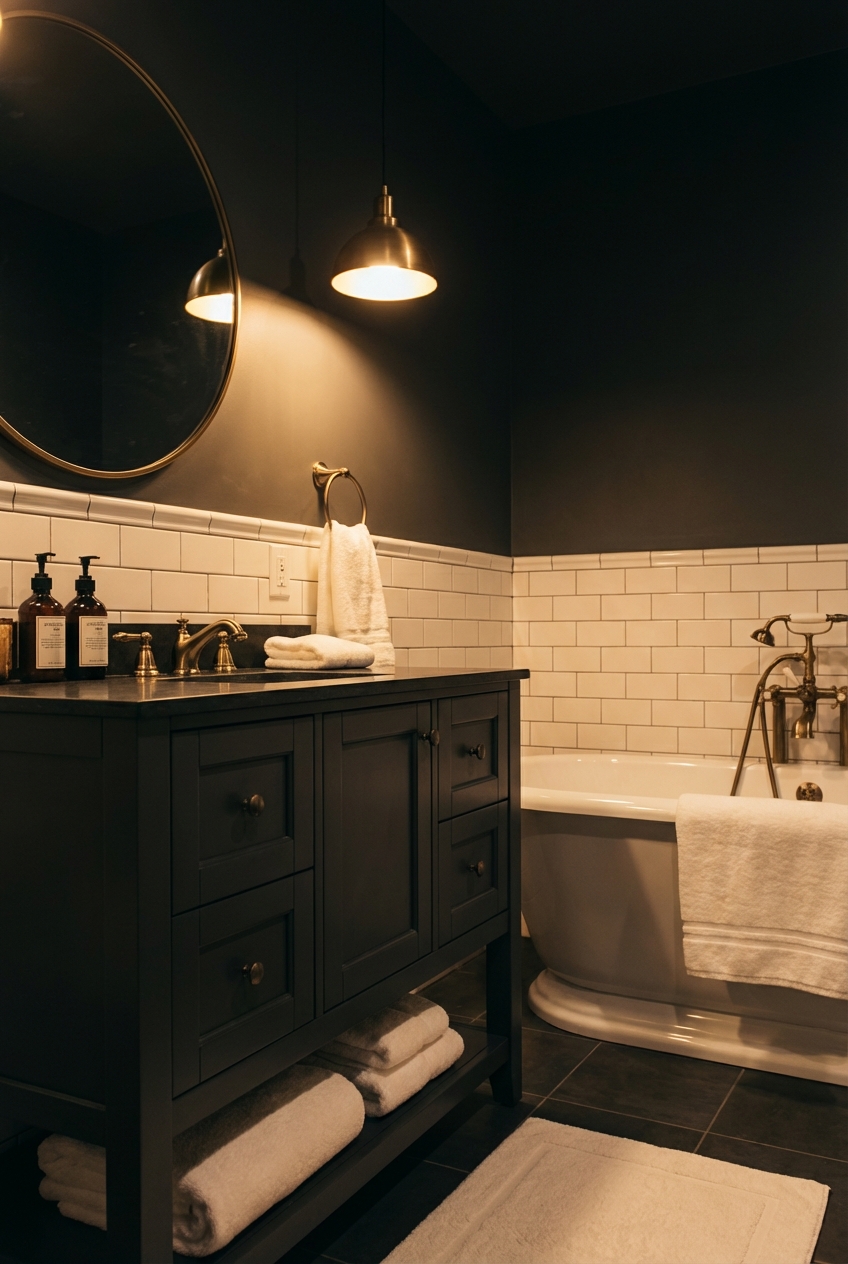 Vamp Romantic Bathroom Color Palette: Charcoal, brass, and warm white