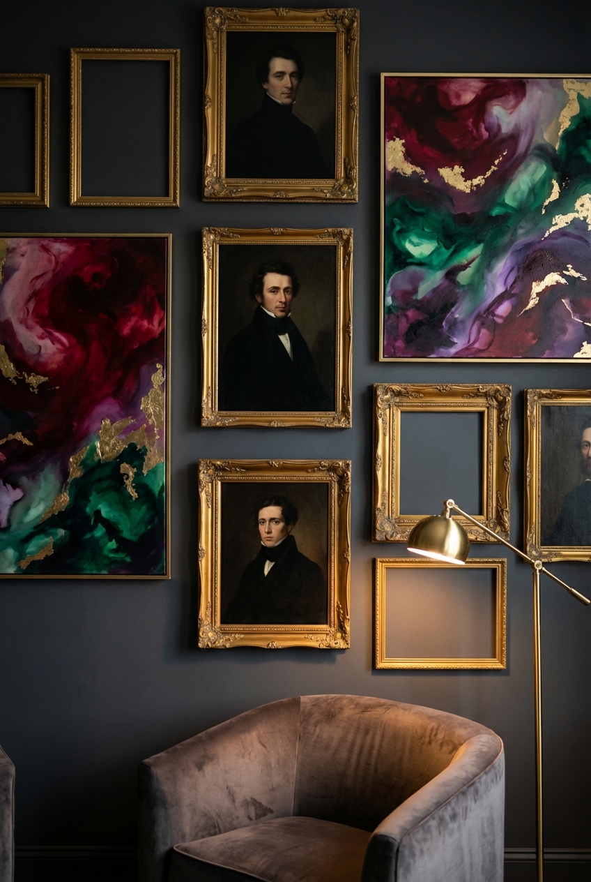 Vamp Romantic Wall Art Ideas: Moody Portraits, Abstracts, and Gold Frames
