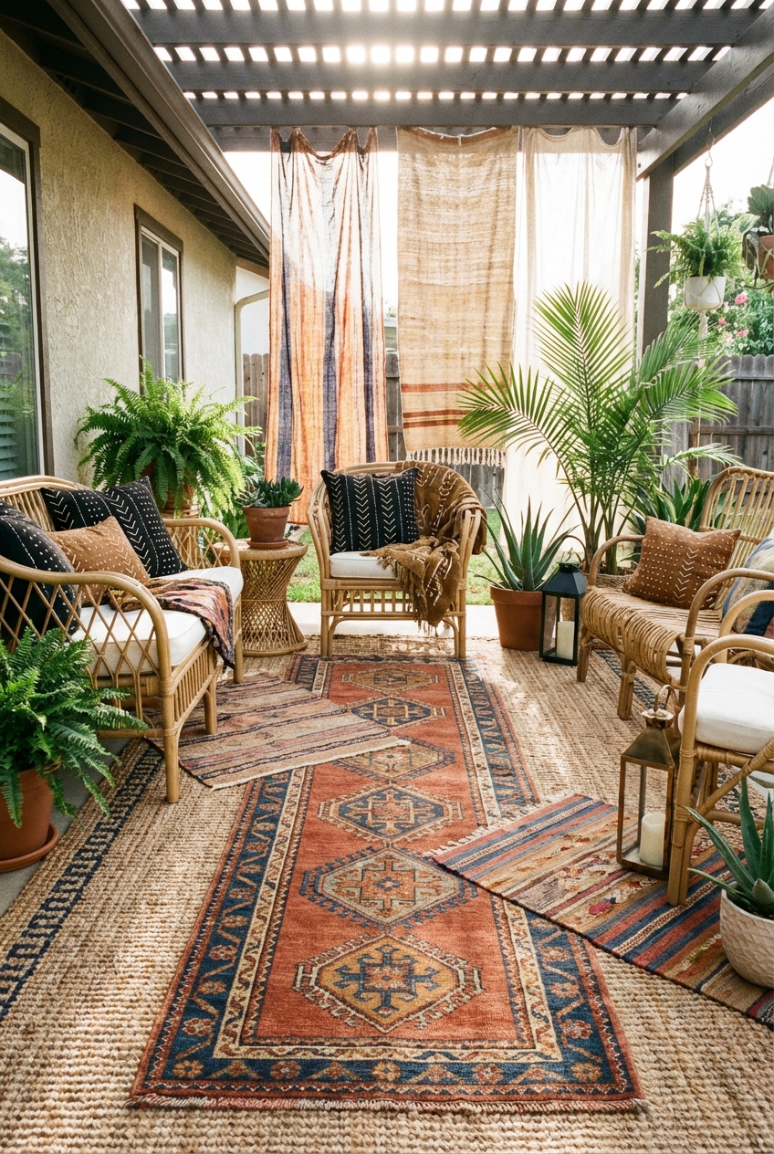 Best Rugs & Runners for an Afrohemian Patio: Jute, Kilim, and Layering