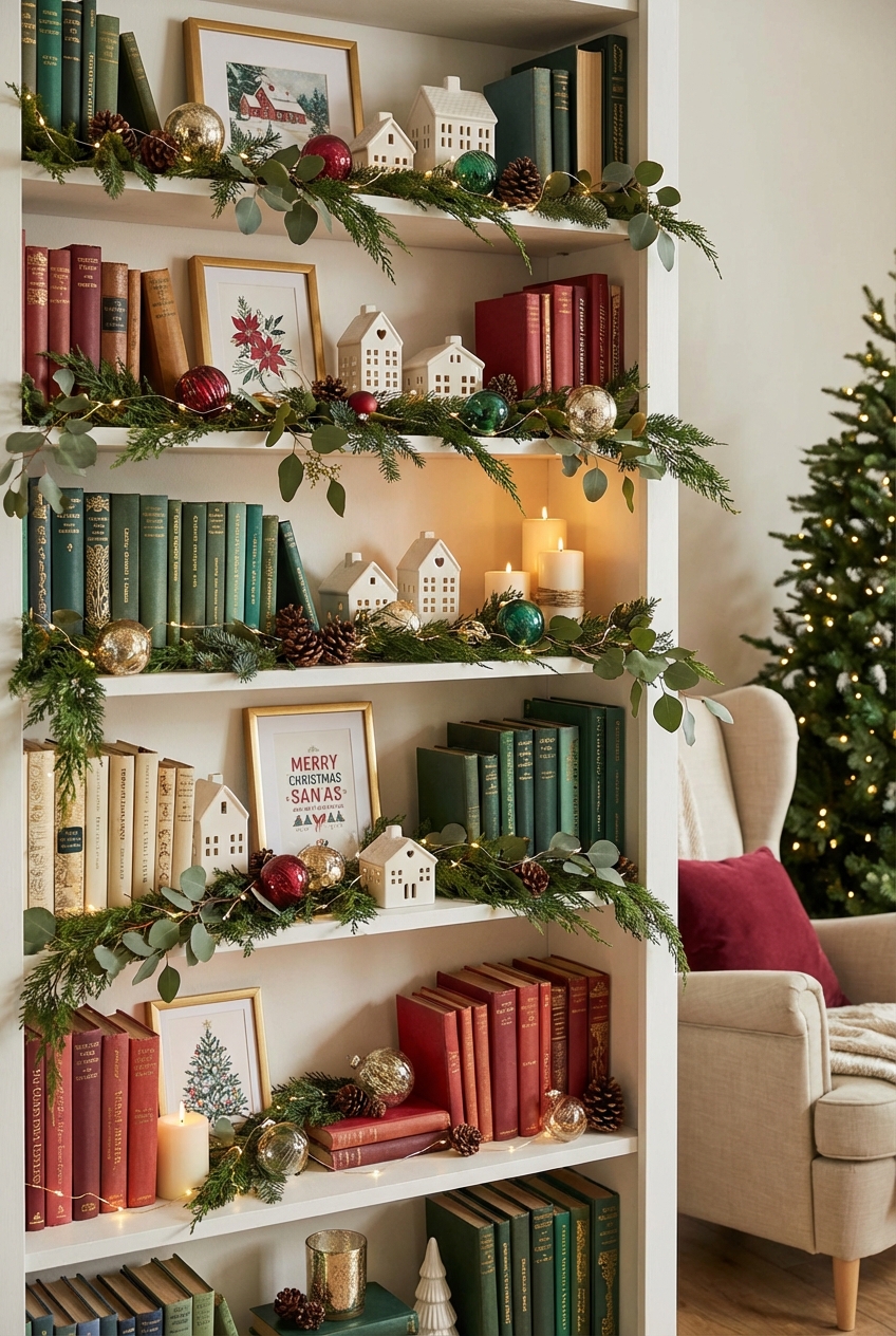 How to Decorate Bookshelves for Christmas Holiday Display Ideas