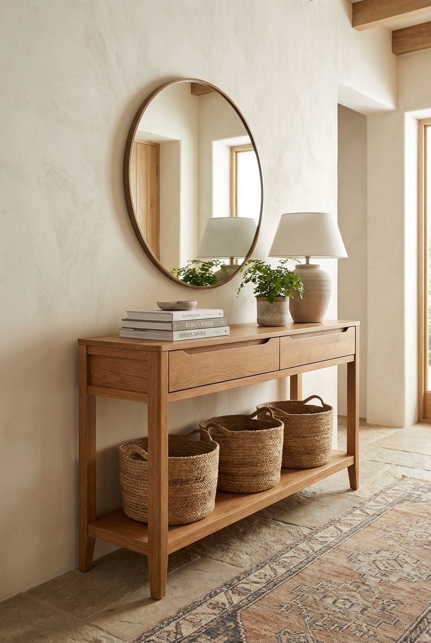 Wilderkind Console Table Ideas: slim wood, drawers, and baskets