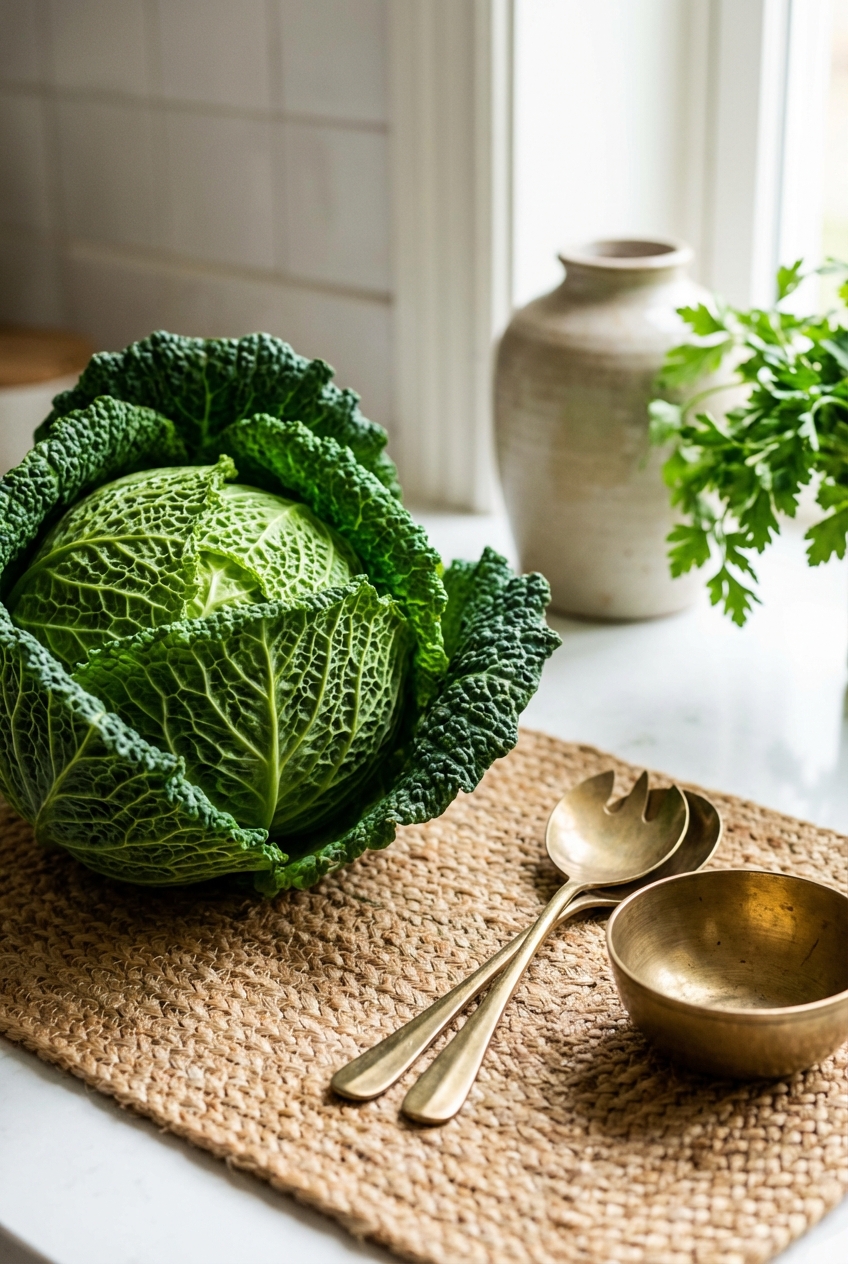 Cabbage Crush Checklist: one green anchor + one natural texture + one warm metal