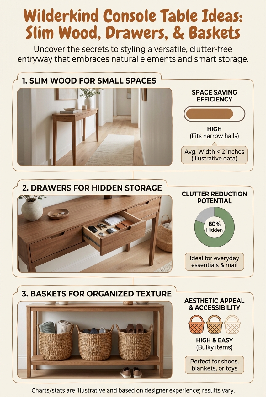 Wilderkind Console Table Ideas: slim wood, drawers, and baskets - photo 3
