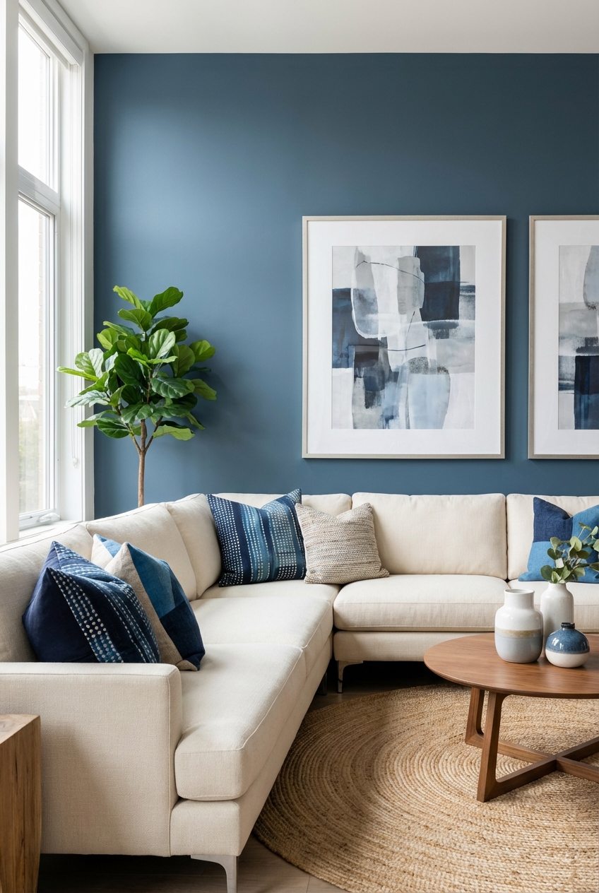 How to Style a Cool Blue Living Room with a Neutral Sofa